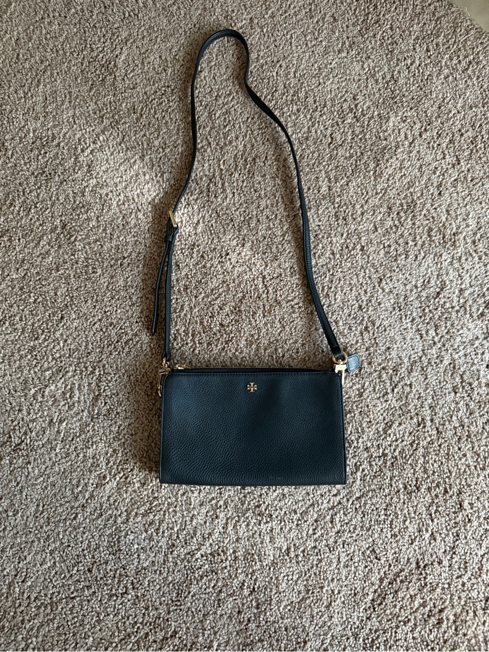 Tory Burch Black Pebbled Leather Double-Zip Crossbody with Gold Hardware